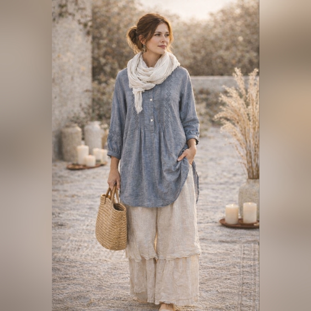 Talbots Medium Gray Pintuck Popover Tunic Cotton Chambray Lightweight Blouse
